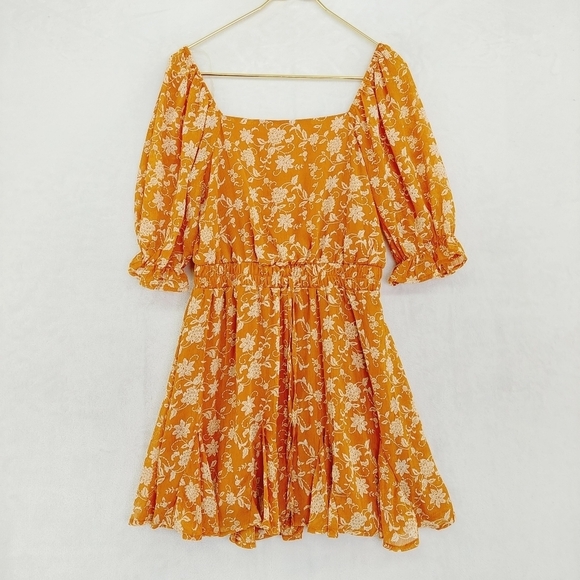 Trixxi Dresses & Skirts - Trixxi Floral Orange Ruched Flowy Mini Square Neck Off Shoulder Dress P4576